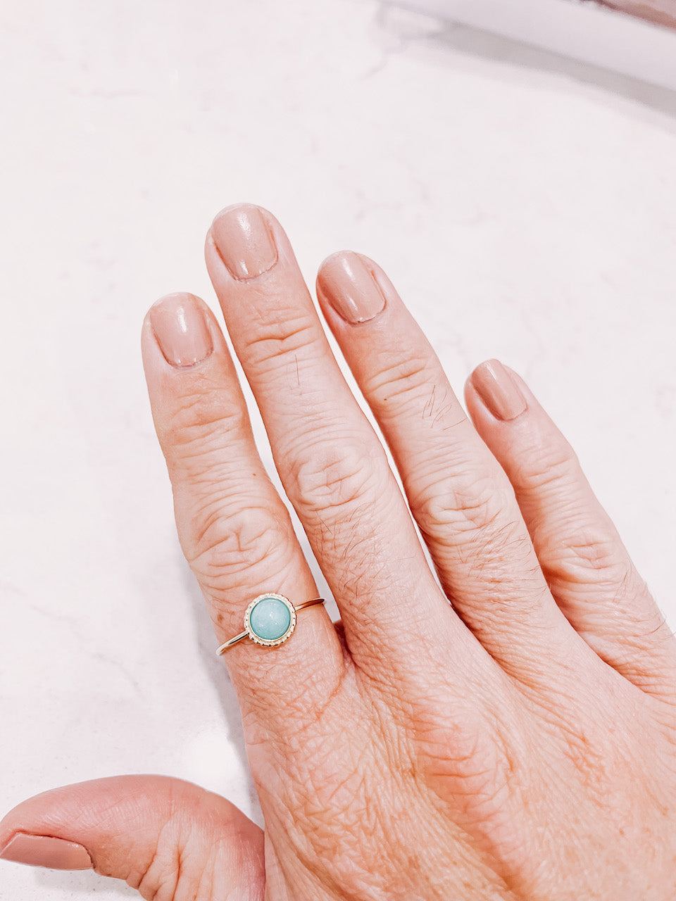 Amazonite Gold Filled Ring on hand.  Australian jewellery label AW Boutique.