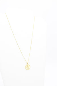 AW Boutique's gold filled 18 inch box chain with a vintage looking Hamsa coin pendant. The Hamsa has small inscriptions and an evil eye on the hand. Pendant has rope effect edging. Part of Protection collection. Gold filled jewellery.