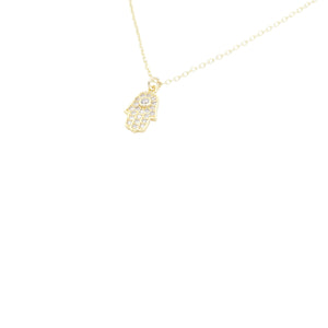 AW Boutique gold filled jewellery.  Small Hamsa pendant filled with clear cubic zirconia crystals on a dainty fine cable 16 inch necklace.  Part of the Protection collection.