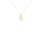 Load image into Gallery viewer, AW Boutique gold filled jewellery.  Small Hamsa pendant filled with clear cubic zirconia crystals on a dainty fine cable 16 inch necklace.  Part of the Protection collection.
