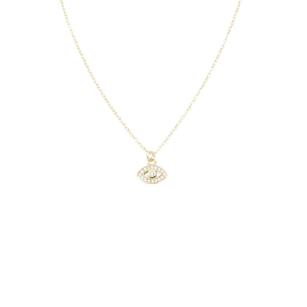 AW Boutique's gold filled mini clear evil eye necklace.  The pendant sits on a 16 inch dainty gold chain.  