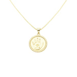 Load image into Gallery viewer, AW Boutique&#39;s gold filled 18 inch box chain with a vintage looking Hamsa coin pendant.  The Hamsa has small inscriptions and an evil eye on the hand.  Pendant has rope effect edging.  Part of Protection collection.  Gold filled jewellery.
