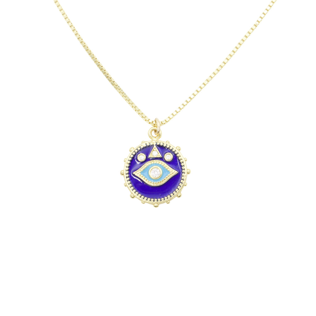 AW Boutique's gold filled jewellery.  18 inch box chain with vintage evil eye enamel coin shaped pendant necklace.  