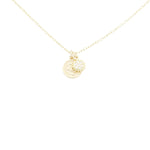 Load image into Gallery viewer, AW Boutique&#39;s gold filled 16 inch dainty necklace with a mini Sun and mini Evil Eye Coin charm pendant. Part of Celestial collection. Gold filled jewellery. 
