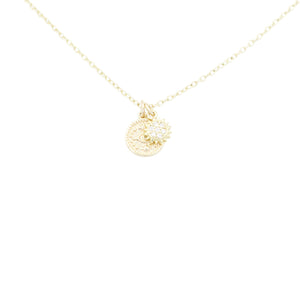 AW Boutique's gold filled 16 inch dainty necklace with a mini Sun and mini Evil Eye Coin charm pendant. Part of Celestial collection. Gold filled jewellery. 