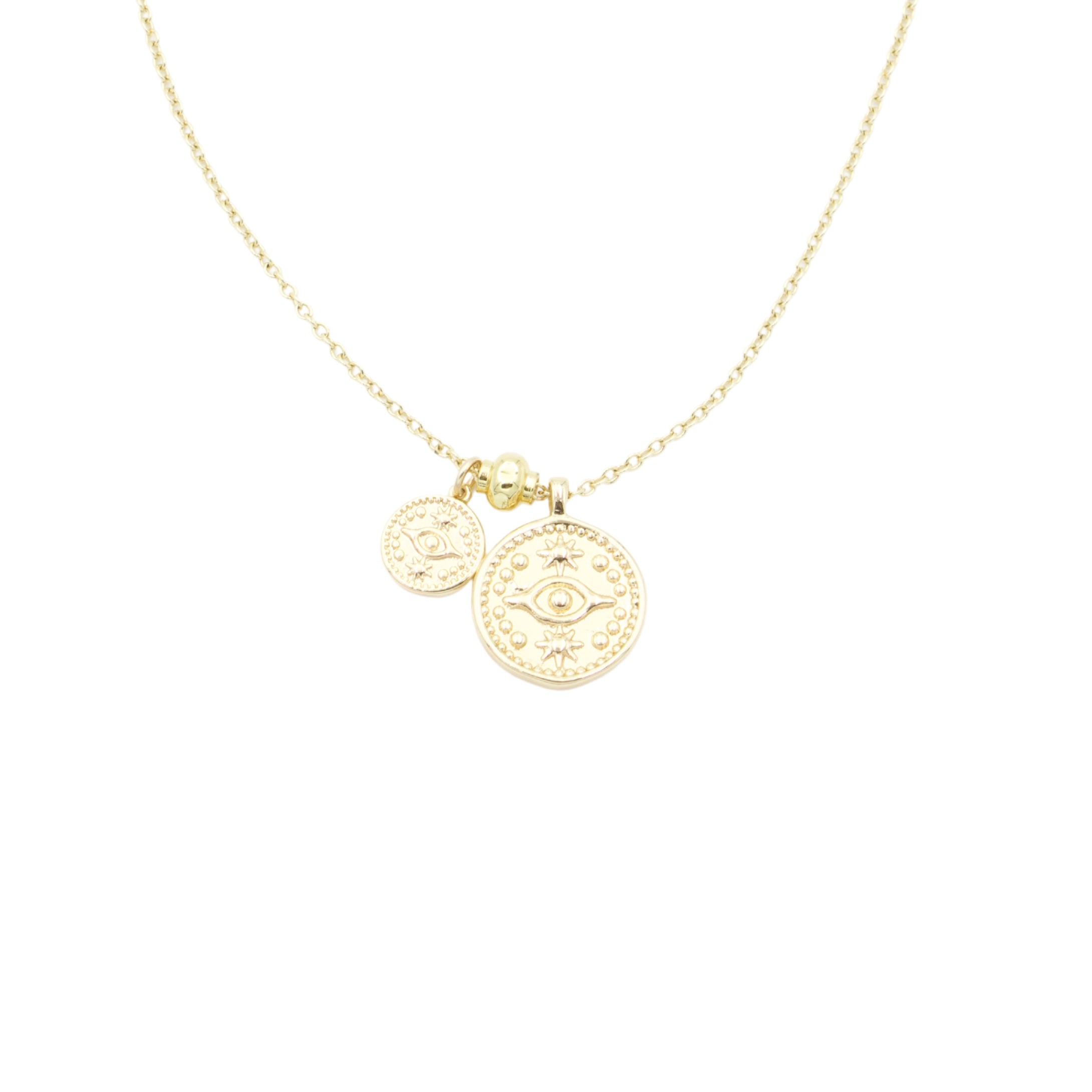 AW Boutique's gold filled 18 inch dainty necklace chain with a large Evil Eye coin and a mini Evil Eye coin charm pendant. Part of Protection collection. Gold filled jewellery.  Edit alt text
