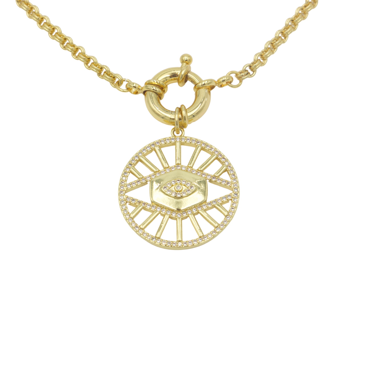 Gold filled evil eye medallion pendant charm necklace. This is a bold gold necklace design. Australian jewellery brand AW Boutique.