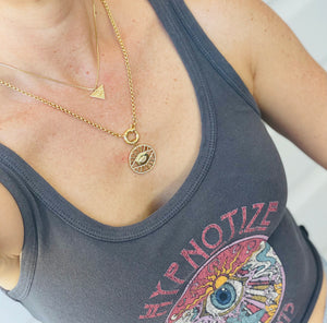 Model wearing gold filled evil eye medallion pendant charm necklace. This is a bold gold necklace design. Australian jewellery brand AW Boutique. Evil Eye Rolo Necklace layered with the Eye of Providence Necklace.
