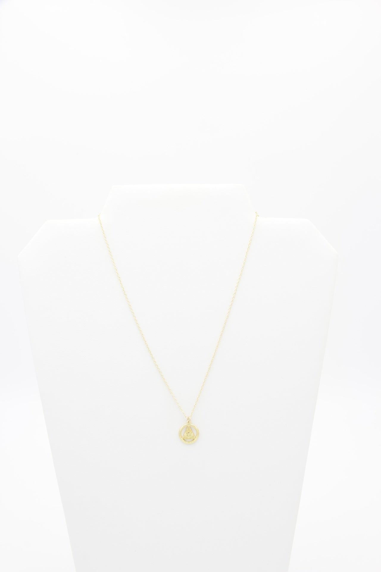 AW Boutique gold filled jewellery. All Seeing Eye or Eye of Providence pendant charm on a dainty fine 16 inch cable necklace chain. Part of the Protection collection.