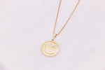 Load image into Gallery viewer, Celestial Coin pendant on a gold filled box chain necklace.  Pendant has a crescent moon and star.
