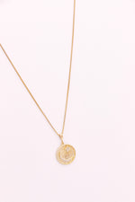Load image into Gallery viewer, Celestial Coin pendant on a gold filled box chain necklace.  Pendant has a crescent moon and star.
