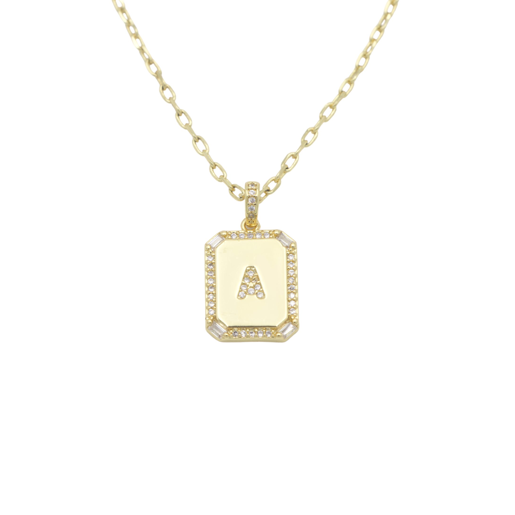 AW Boutique's gold filled 16 inch cable chain necklace finished with a dainty initial pendant with cubic zirconia detail. A initial shown.