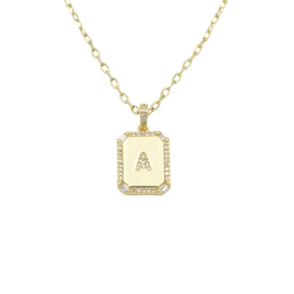 AW Boutique's gold filled 16 inch cable chain necklace finished with a dainty initial pendant with cubic zirconia detail. A initial shown.