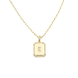 AW Boutique's gold filled 16 inch cable chain necklace finished with a dainty initial pendant with cubic zirconia detail. E initial shown.