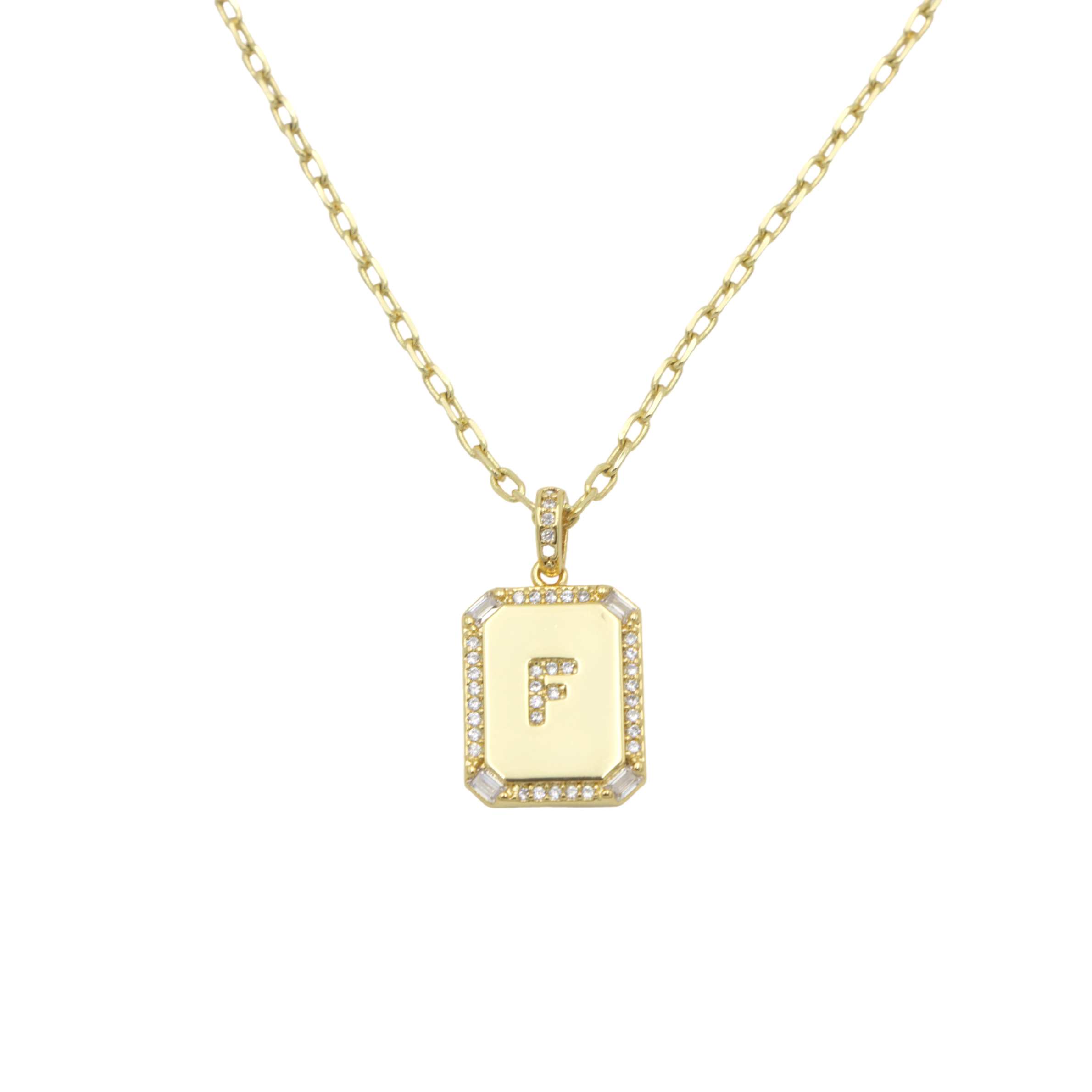 AW Boutique's gold filled 16 inch cable chain necklace finished with a dainty initial pendant with cubic zirconia detail. F initial shown.
