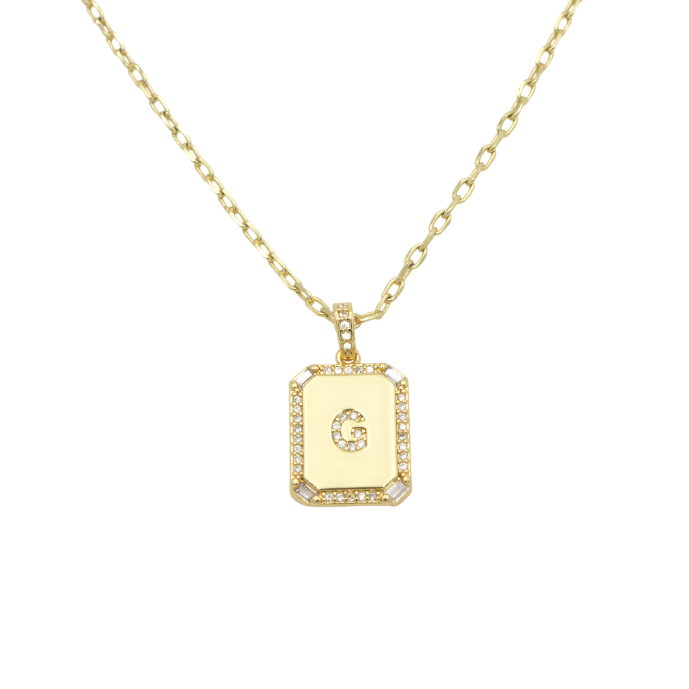 AW Boutique's gold filled 16 inch cable chain necklace finished with a dainty initial pendant with cubic zirconia detail. G initial shown.