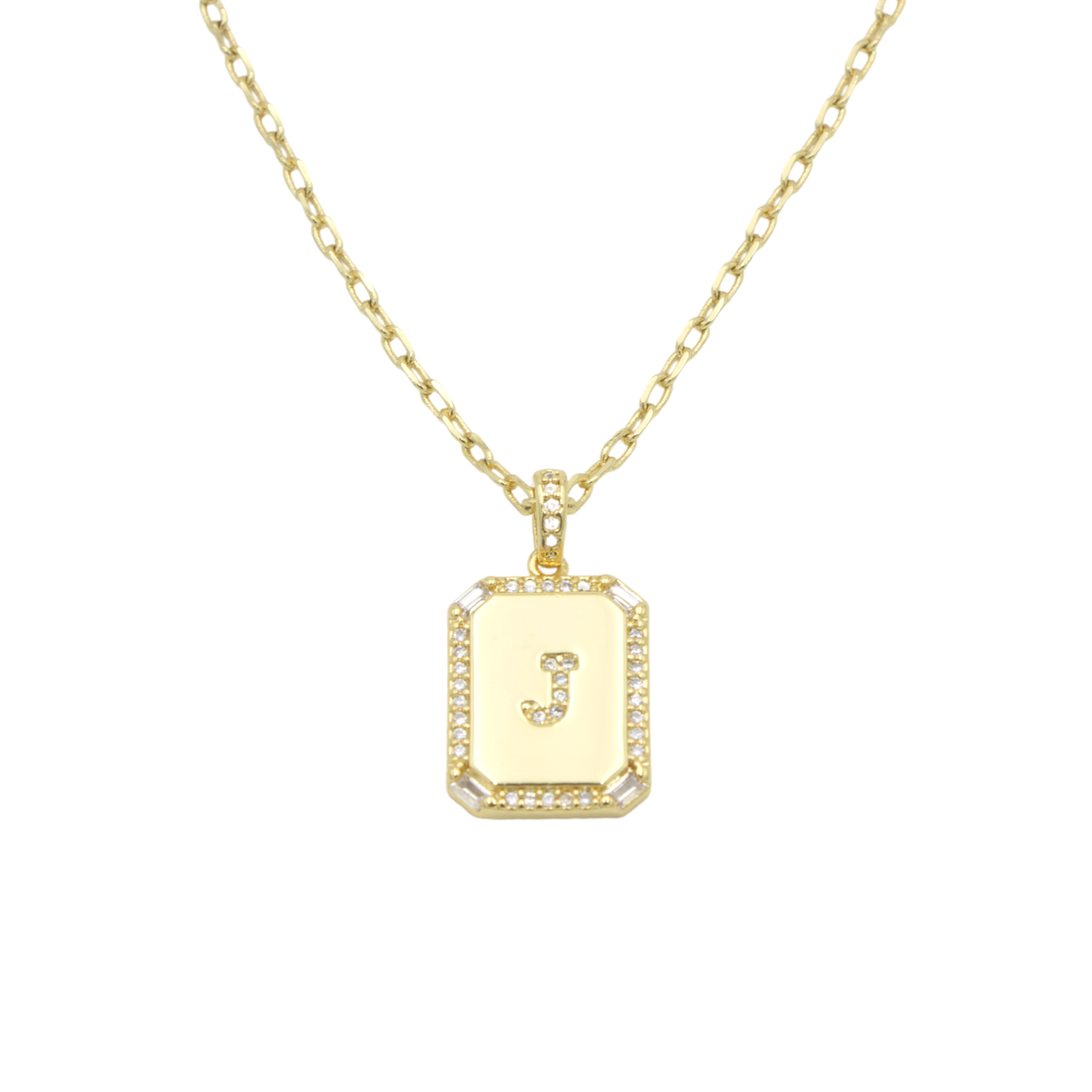 AW Boutique's gold filled 16 inch cable chain necklace finished with a dainty initial pendant with cubic zirconia detail. J initial shown.