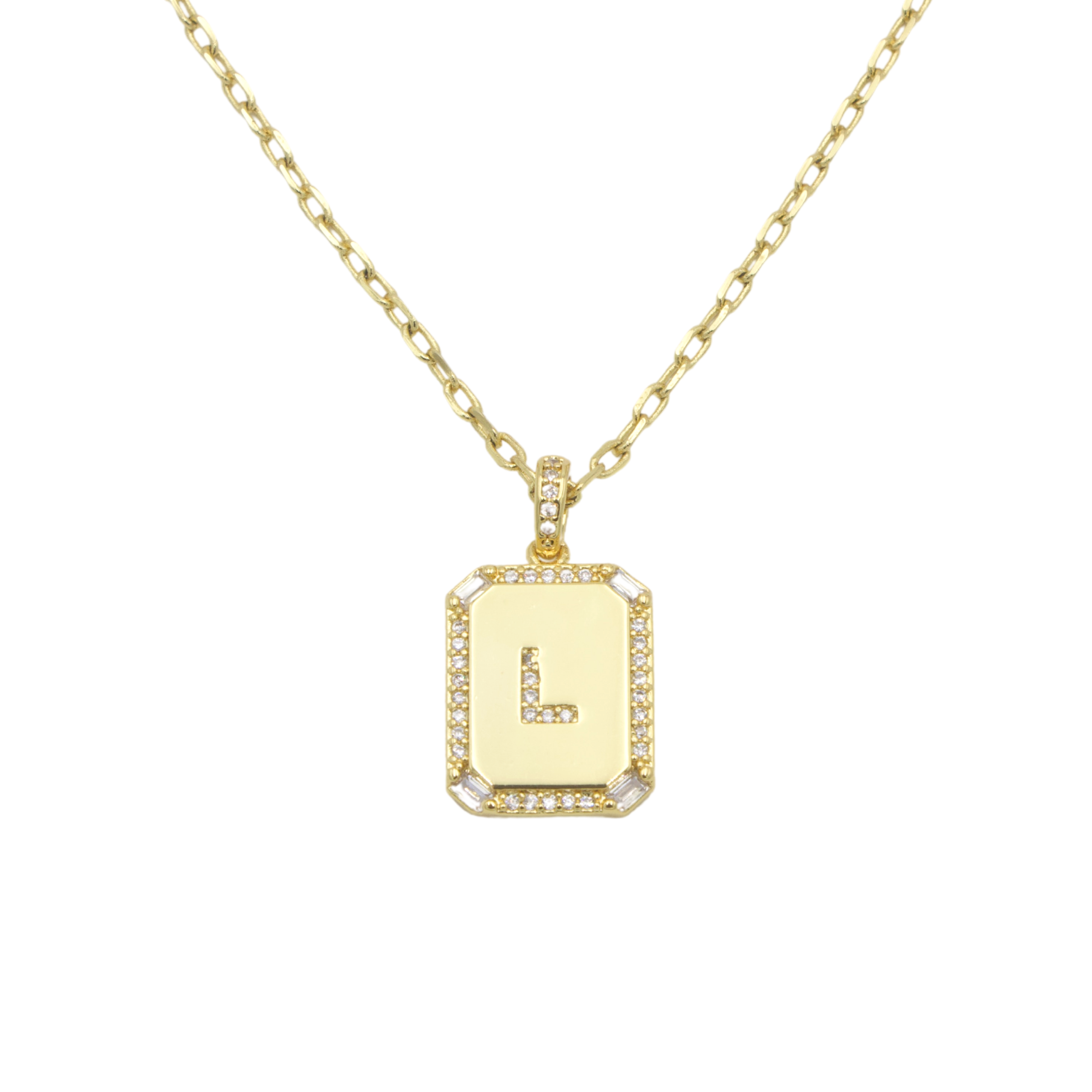 AW Boutique's gold filled 16 inch cable chain necklace finished with a dainty initial pendant with cubic zirconia detail. L initial shown.
