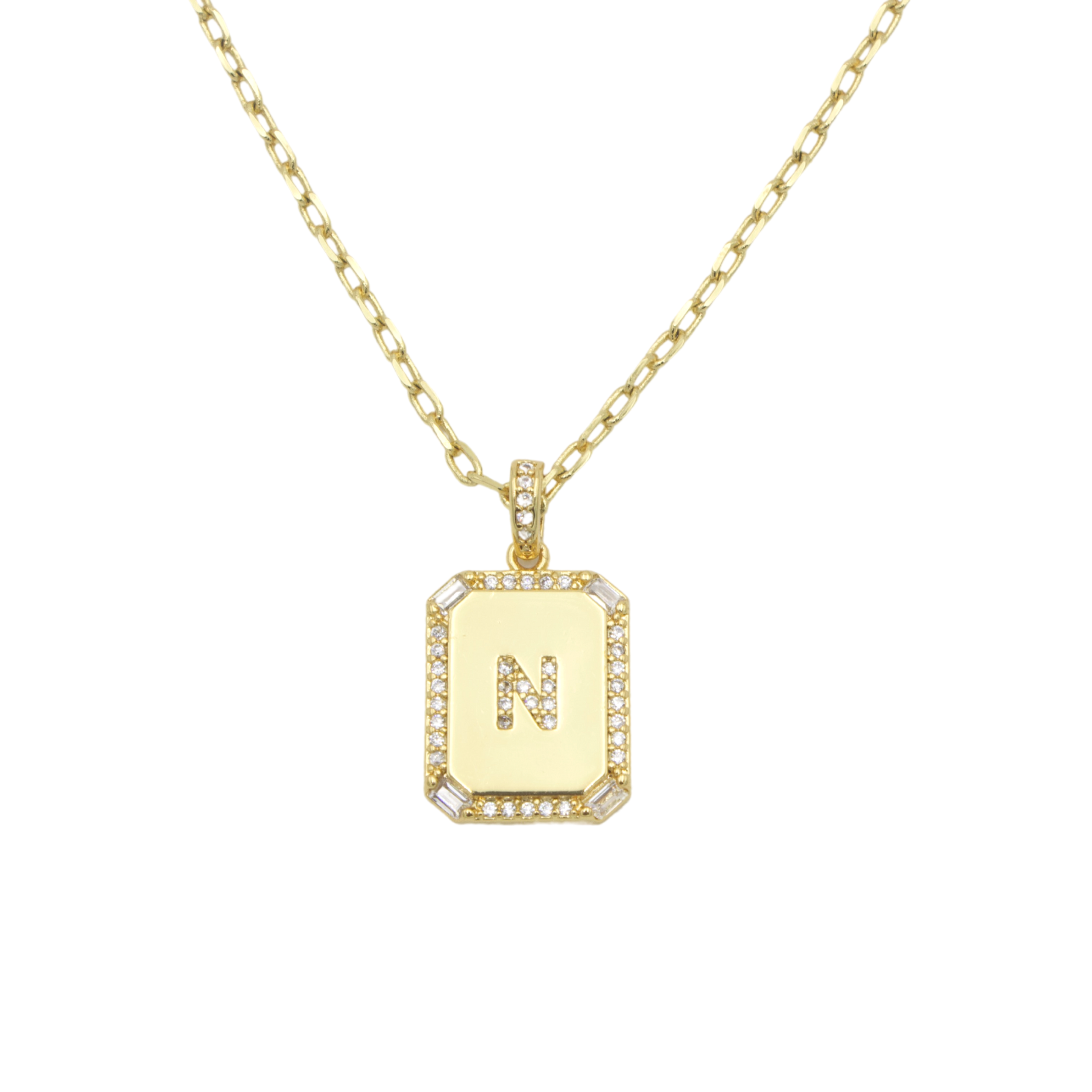 AW Boutique's gold filled 16 inch cable chain necklace finished with a dainty initial pendant with cubic zirconia detail. N initial shown.