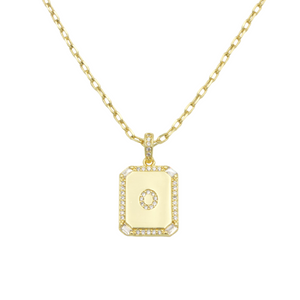 AW Boutique's gold filled 16 inch cable chain necklace finished with a dainty initial pendant with cubic zirconia detail. O initial shown.