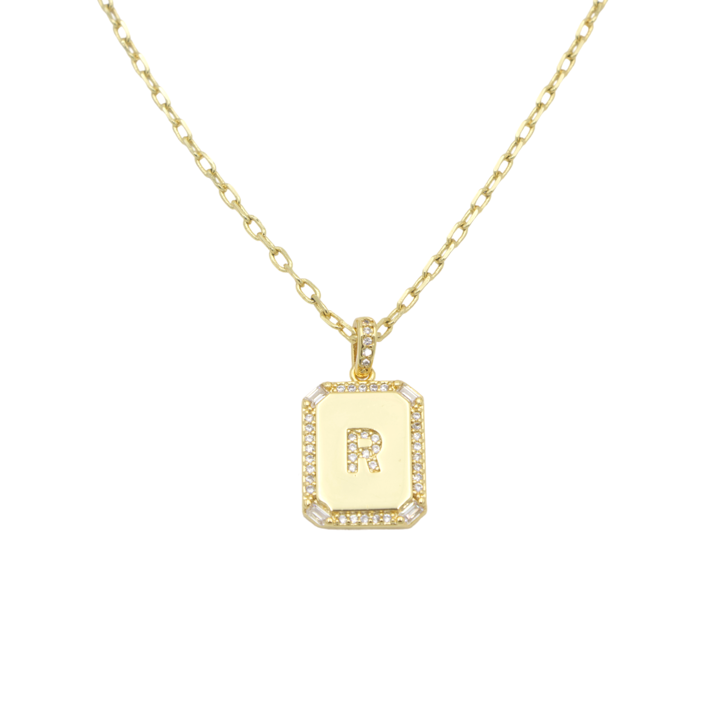 AW Boutique's gold filled 16 inch cable chain necklace finished with a dainty initial pendant with cubic zirconia detail. R initial shown.