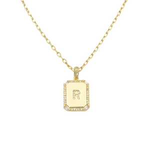 AW Boutique's gold filled 16 inch cable chain necklace finished with a dainty initial pendant with cubic zirconia detail. R initial shown.
