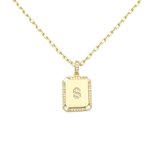 AW Boutique's gold filled 16 inch cable chain necklace finished with a dainty initial pendant with cubic zirconia detail. S initial shown.