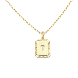 AW Boutique's gold filled 16 inch cable chain necklace finished with a dainty initial pendant with cubic zirconia detail. T initial shown.