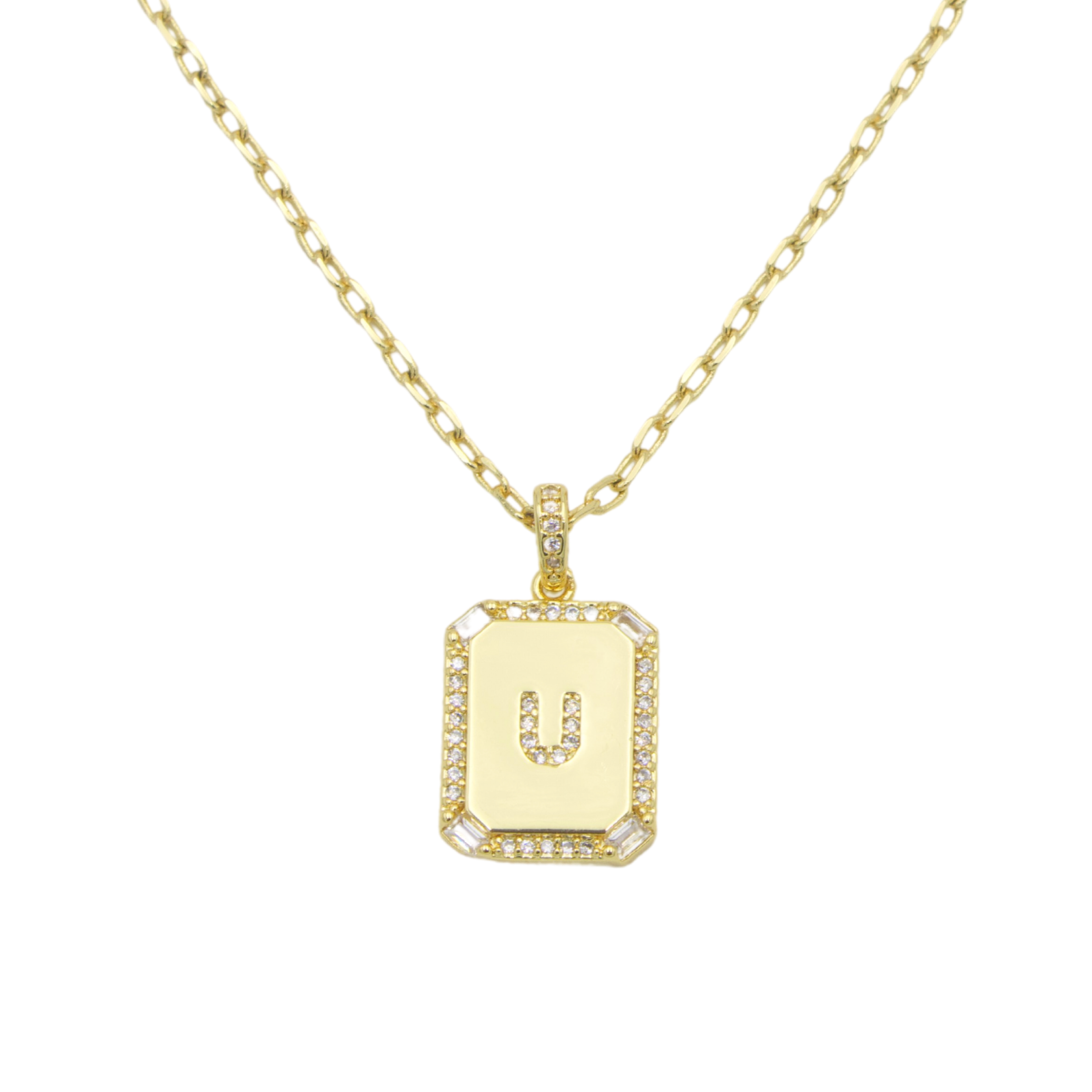 AW Boutique's gold filled 16 inch cable chain necklace finished with a dainty initial pendant with cubic zirconia detail. U initial shown.