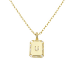 Load image into Gallery viewer, AW Boutique&#39;s gold filled 16 inch cable chain necklace finished with a dainty initial pendant with cubic zirconia detail. U initial shown.
