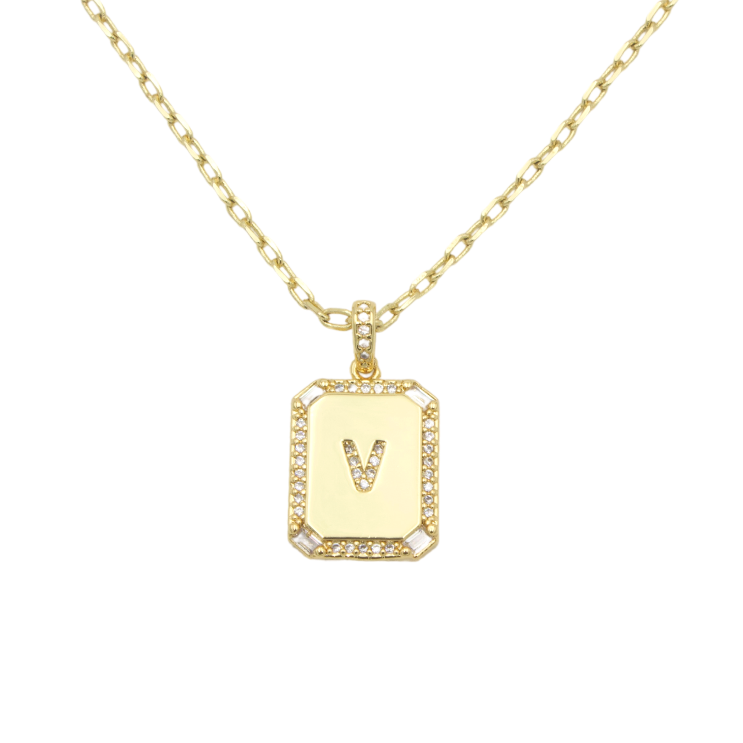 AW Boutique's gold filled 16 inch cable chain necklace finished with a dainty initial pendant with cubic zirconia detail. V initial shown.