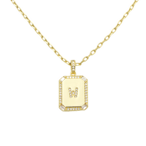 AW Boutique's gold filled 16 inch cable chain necklace finished with a dainty initial pendant with cubic zirconia detail. W initial shown.