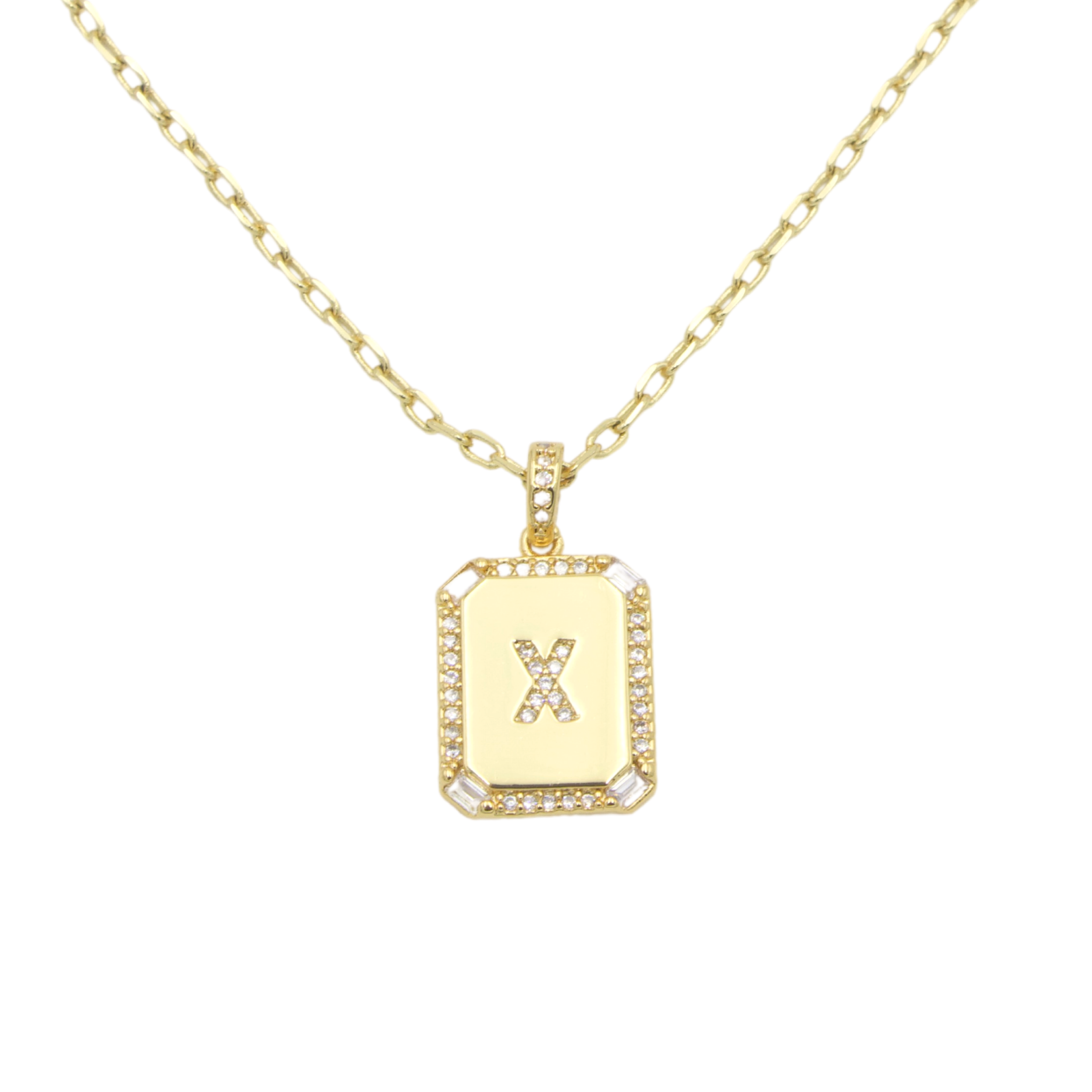 AW Boutique's gold filled 16 inch cable chain necklace finished with a dainty initial pendant with cubic zirconia detail. X initial shown.