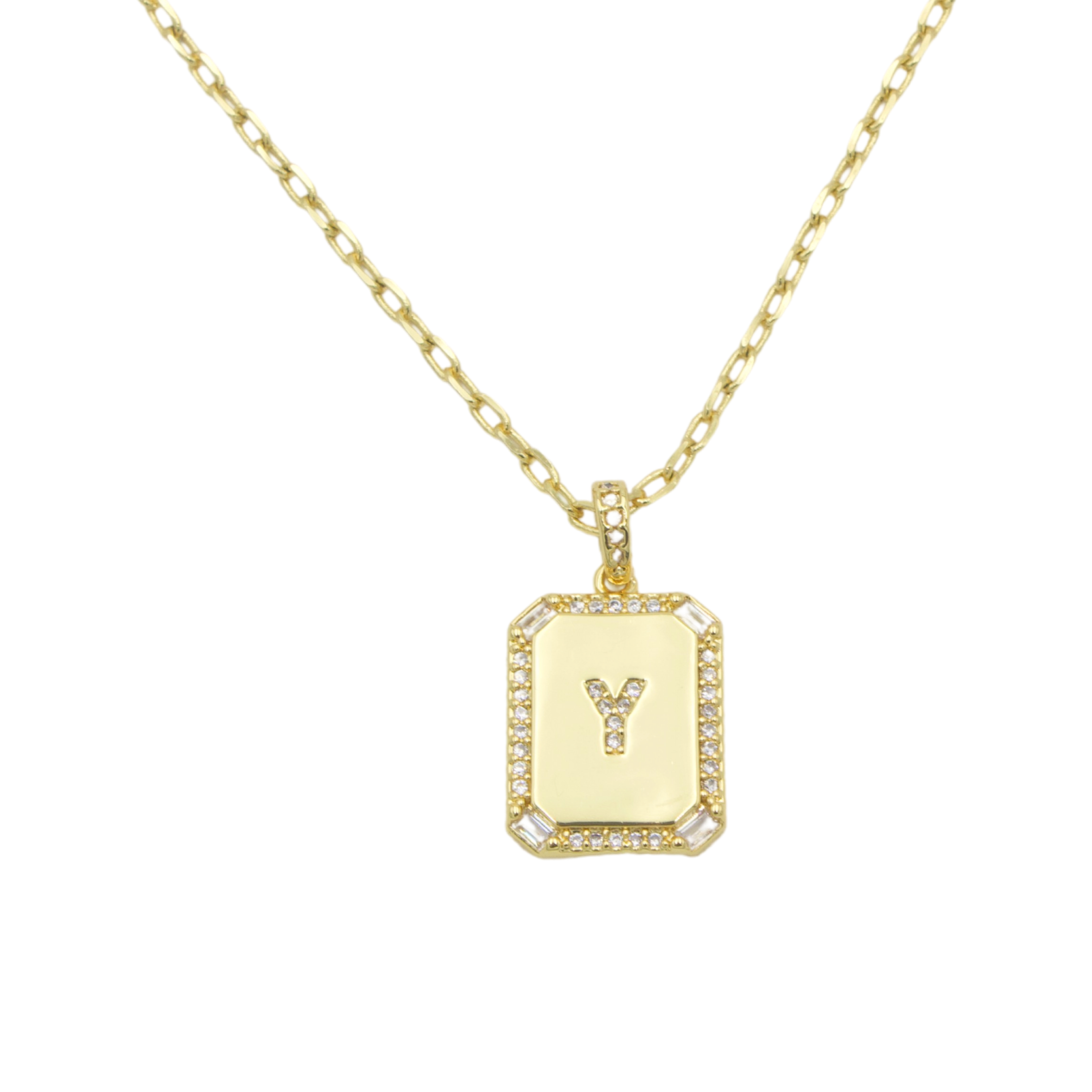 AW Boutique's gold filled 16 inch cable chain necklace finished with a dainty initial pendant with cubic zirconia detail. Y initial shown.