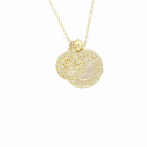 AW Boutique's dual zodiac coin necklace featuring a dainty necklace chain, zodiac rustic coin charm, and your chosen star sign coin charm. Charms separated by a gold bead. Part of the Celestial Collection. Gold filled jewellery. Option shown is Aquarius.