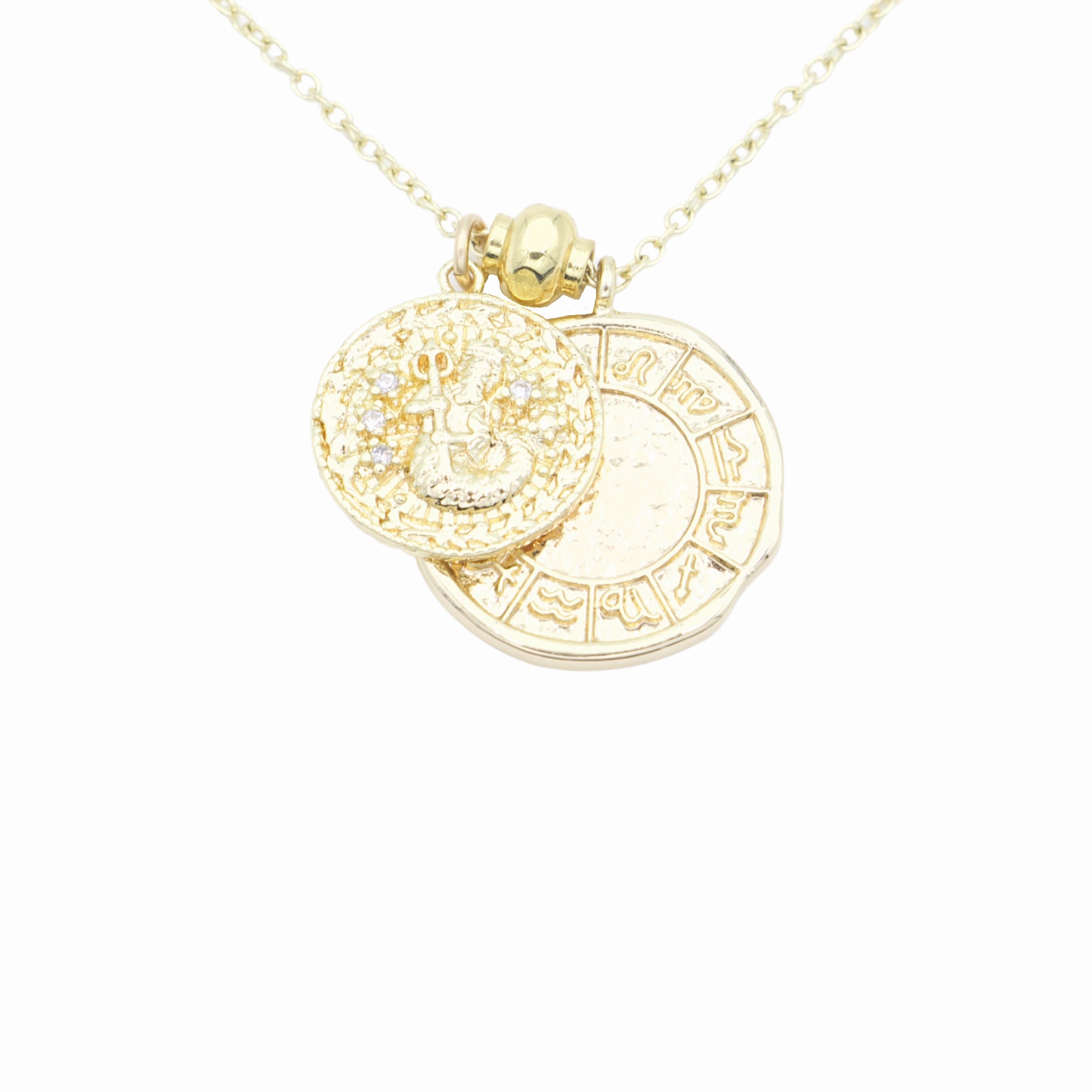 AW Boutique's dual zodiac coin necklace featuring a dainty necklace chain, zodiac rustic coin charm, and your chosen star sign coin charm. Charms separated by a gold bead. Part of the Celestial Collection. Gold filled jewellery. Option shown is Aquarius.
