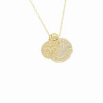 Load image into Gallery viewer, AW Boutique&#39;s dual zodiac coin necklace featuring a dainty necklace chain, zodiac rustic coin charm, and your chosen star sign coin charm. Charms separated by a gold bead. Part of the Celestial Collection. Gold filled jewellery. Option shown is Aries.
