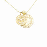 Load image into Gallery viewer, AW Boutique&#39;s dual zodiac coin necklace featuring a dainty necklace chain, zodiac rustic coin charm, and your chosen star sign coin charm. Charms separated by a gold bead. Part of the Celestial Collection. Gold filled jewellery. Option shown is Aries.
