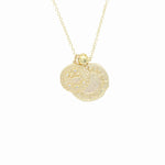 Load image into Gallery viewer, AW Boutique&#39;s dual zodiac coin necklace featuring a dainty necklace chain, zodiac rustic coin charm, and your chosen star sign coin charm. Charms separated by a gold bead. Part of the Celestial Collection. Gold filled jewellery. Option shown is Cancer.
