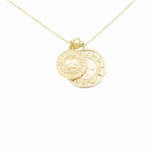 Load image into Gallery viewer, AW Boutique&#39;s dual zodiac coin necklace featuring a dainty necklace chain, zodiac rustic coin charm, and your chosen star sign coin charm. Charms separated by a gold bead. Part of the Celestial Collection. Gold filled jewellery. Option shown is Gemini.
