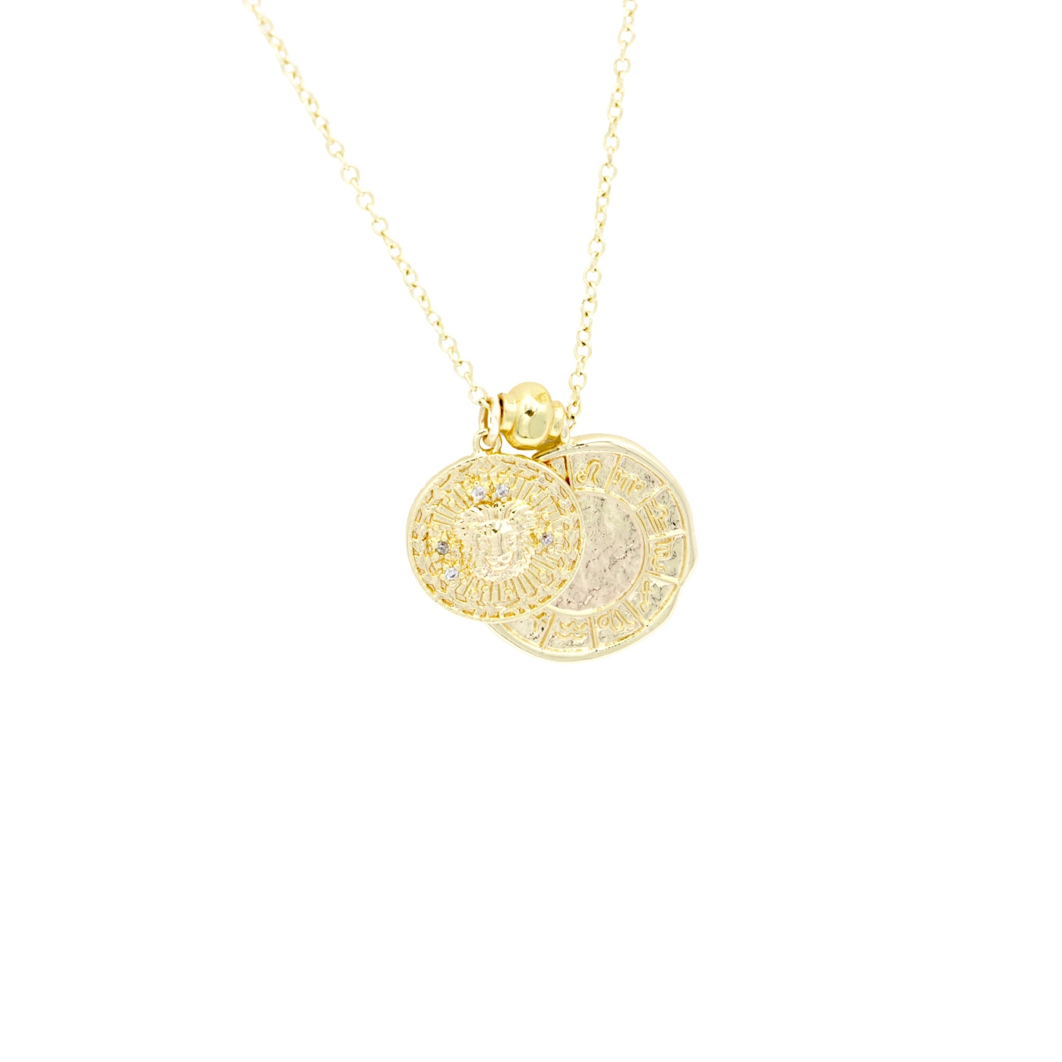 AW Boutique's dual zodiac coin necklace featuring a dainty necklace chain, zodiac rustic coin charm, and your chosen star sign coin charm. Charms separated by a gold bead. Part of the Celestial Collection. Gold filled jewellery. Option shown is Leo.
