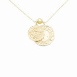 Load image into Gallery viewer, AW Boutique&#39;s dual zodiac coin necklace featuring a dainty necklace chain, zodiac rustic coin charm, and your chosen star sign coin charm. Charms separated by a gold bead. Part of the Celestial Collection. Gold filled jewellery. Option shown is Libra.
