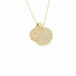 Load image into Gallery viewer, AW Boutique&#39;s dual zodiac coin necklace featuring a dainty necklace chain, zodiac rustic coin charm, and your chosen star sign coin charm. Charms separated by a gold bead. Part of the Celestial Collection. Gold filled jewellery. Option shown is Pisces.
