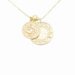 Load image into Gallery viewer, AW Boutique&#39;s dual zodiac coin necklace featuring a dainty necklace chain, zodiac rustic coin charm, and your chosen star sign coin charm. Charms separated by a gold bead. Part of the Celestial Collection. Gold filled jewellery. Option shown is Pisces.
