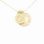 Load image into Gallery viewer, AW Boutique&#39;s dual zodiac coin necklace featuring a dainty necklace chain, zodiac rustic coin charm, and your chosen star sign coin charm. Charms separated by a gold bead. Part of the Celestial Collection. Gold filled jewellery. Option shown is Sagittarius.
