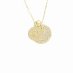 Load image into Gallery viewer, AW Boutique&#39;s dual zodiac coin necklace featuring a dainty necklace chain, zodiac rustic coin charm, and your chosen star sign coin charm. Charms separated by a gold bead. Part of the Celestial Collection. Gold filled jewellery. Option shown is Scorpio.
