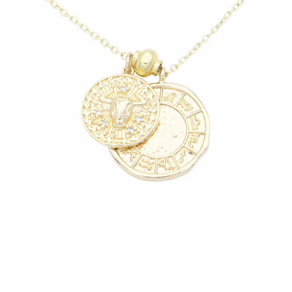 Gold filled zodiac star sign coin charm necklace. Australian jewellery brand AW Boutique.  Part of the Celestial Collection.  Necklace option shown is Taurus.