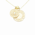 Load image into Gallery viewer, AW Boutique&#39;s dual zodiac coin necklace featuring a dainty necklace chain, zodiac rustic coin charm, and your chosen star sign coin charm. Charms separated by a gold bead. Part of the Celestial Collection. Gold filled jewellery. Option shown is Taurus.
