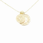 Load image into Gallery viewer, AW Boutique&#39;s dual zodiac coin necklace featuring a dainty necklace chain, zodiac rustic coin charm, and your chosen star sign coin charm. Charms separated by a gold bead. Part of the Celestial Collection. Gold filled jewellery. Option shown is Virgo.

