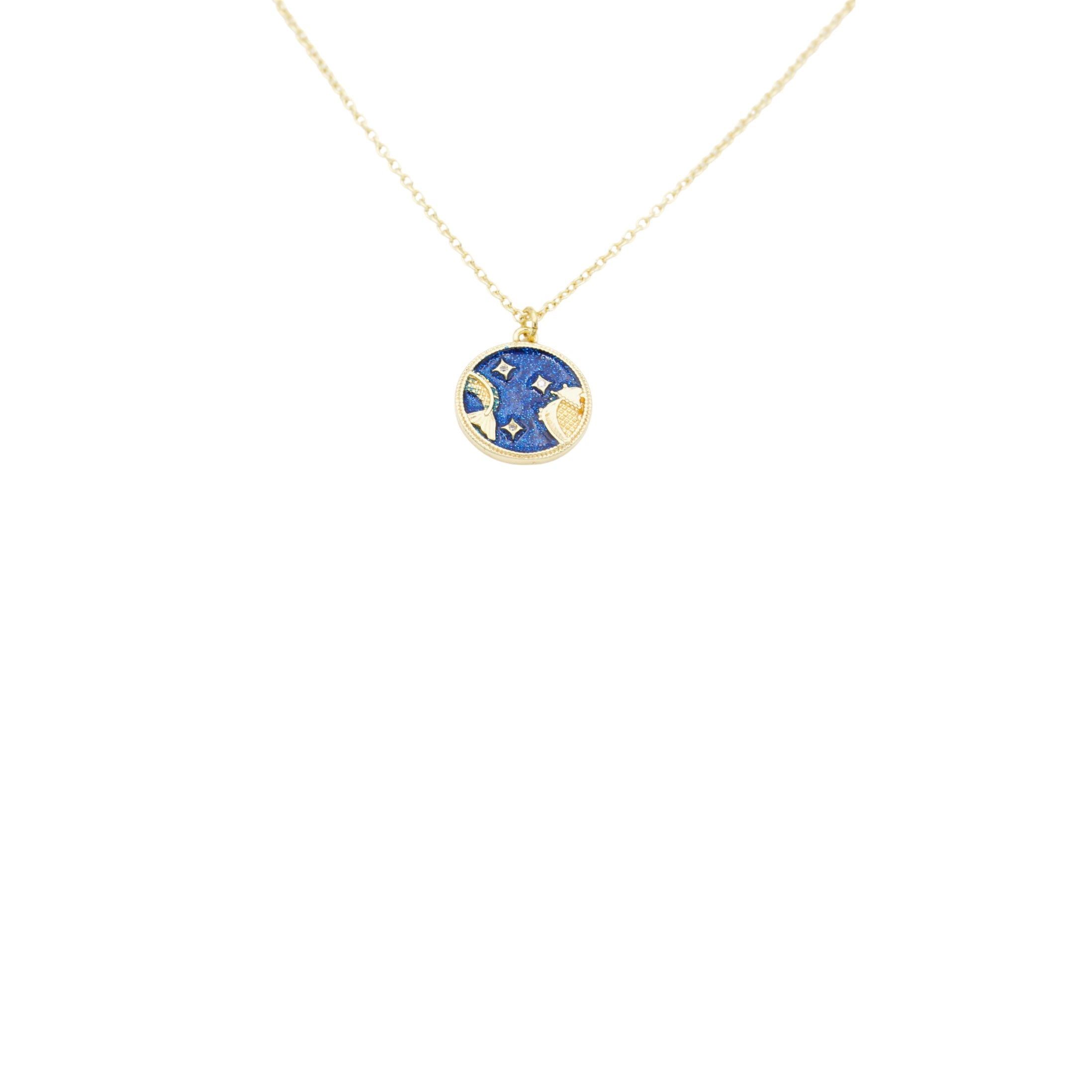 AW Boutique's Zodiac Astro Coin is a dainty pendant full of sparkle and shine.  This piece adds a pop of colour to your everyday wear and at 18 inches is a great length to mix and layer your other chains with.  Proudly wear either your own star sign or the star sign of a loved one close to your heart.  Zodiac shown is Pisces.